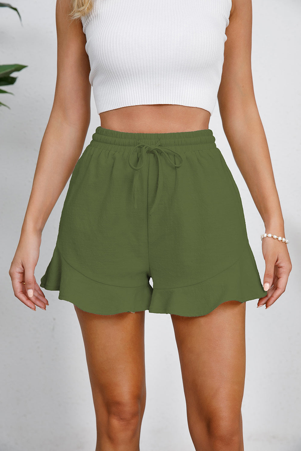 PREORDER- Full Size Drawstring Ruffle Hem Shorts