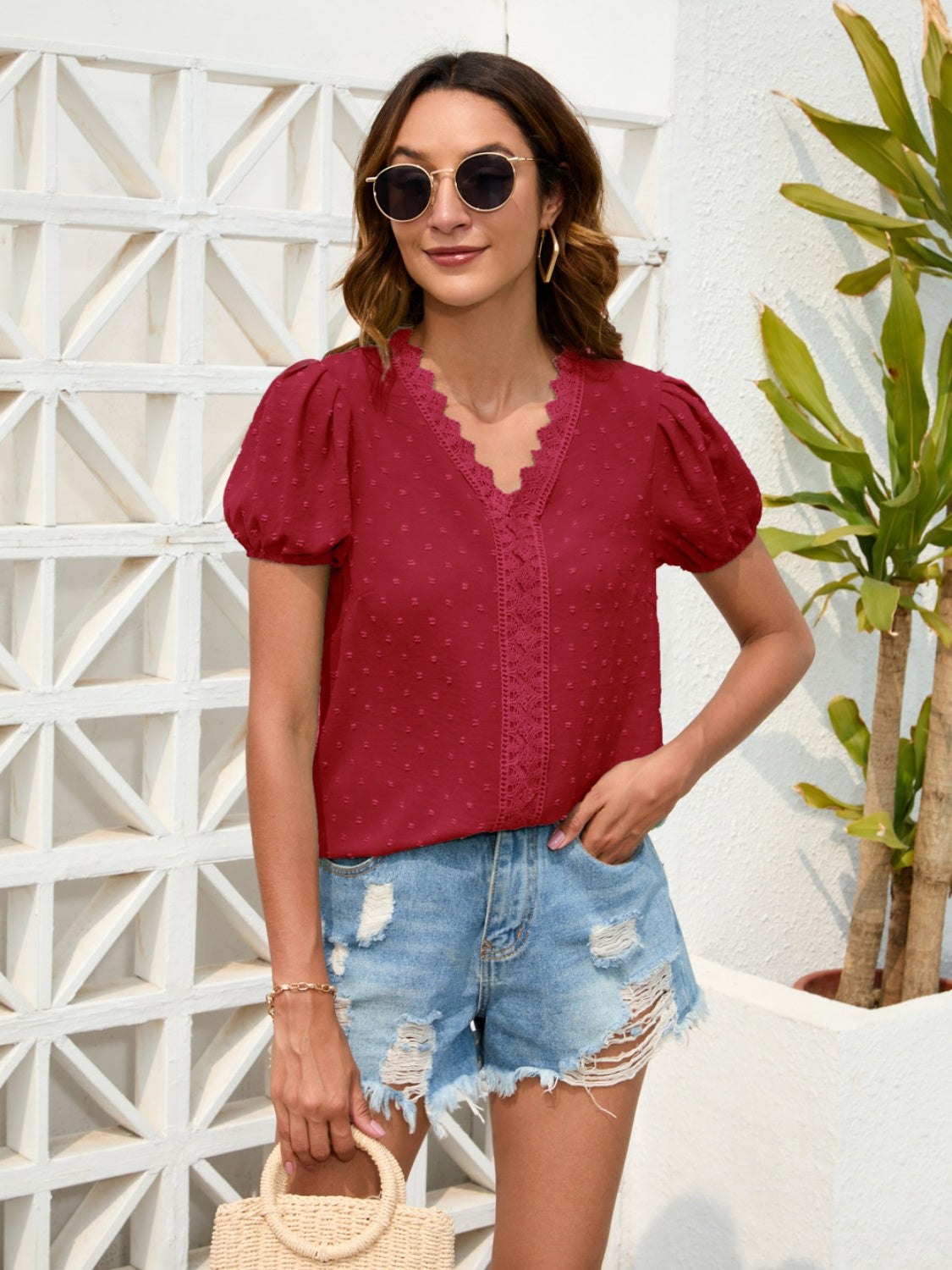 PREORDER- Swiss Dot Lace Detail V-Neck Blouse