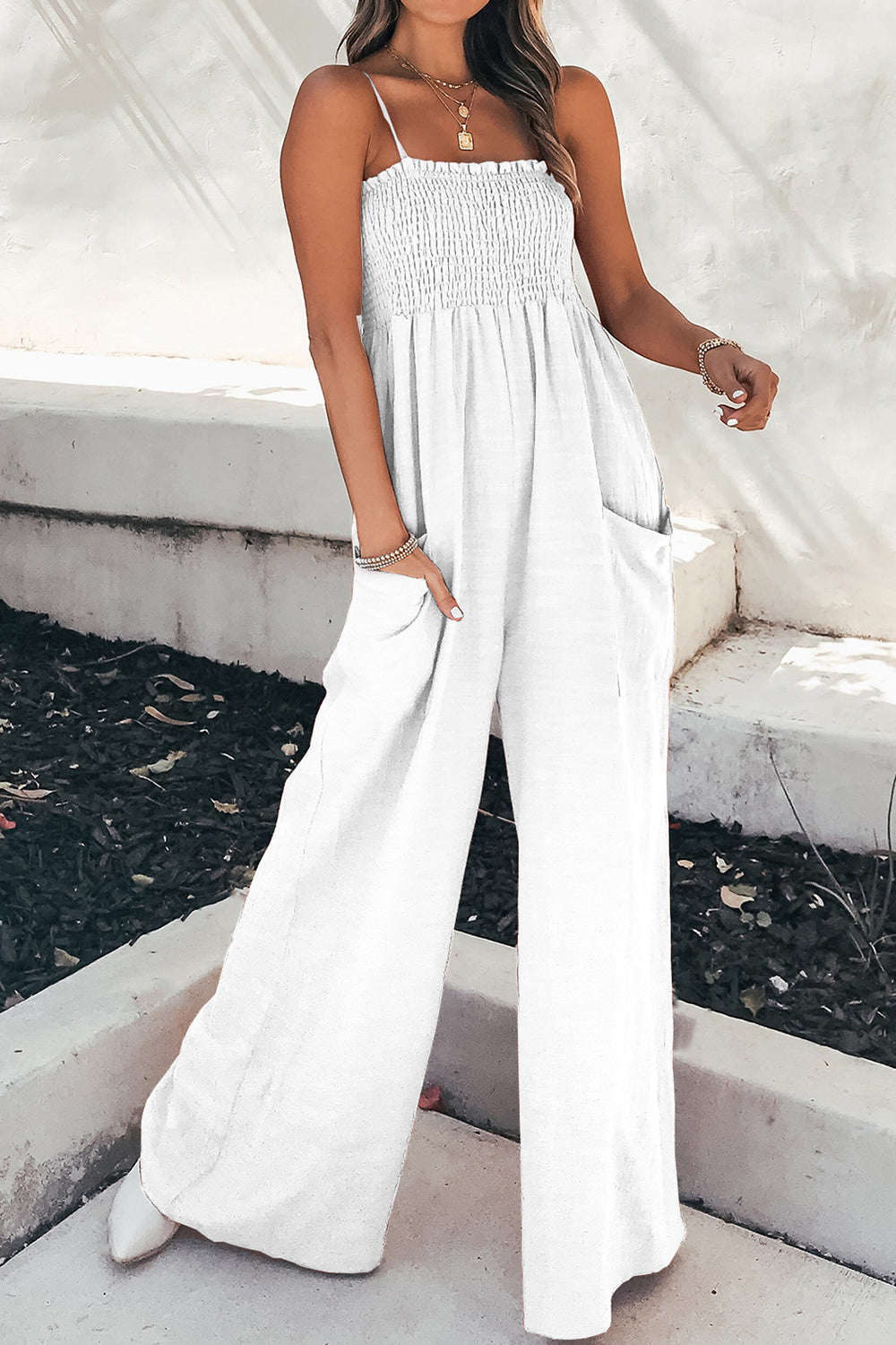 PREORDER- Smocked Spaghetti Strap Wide Leg Jumpsuit