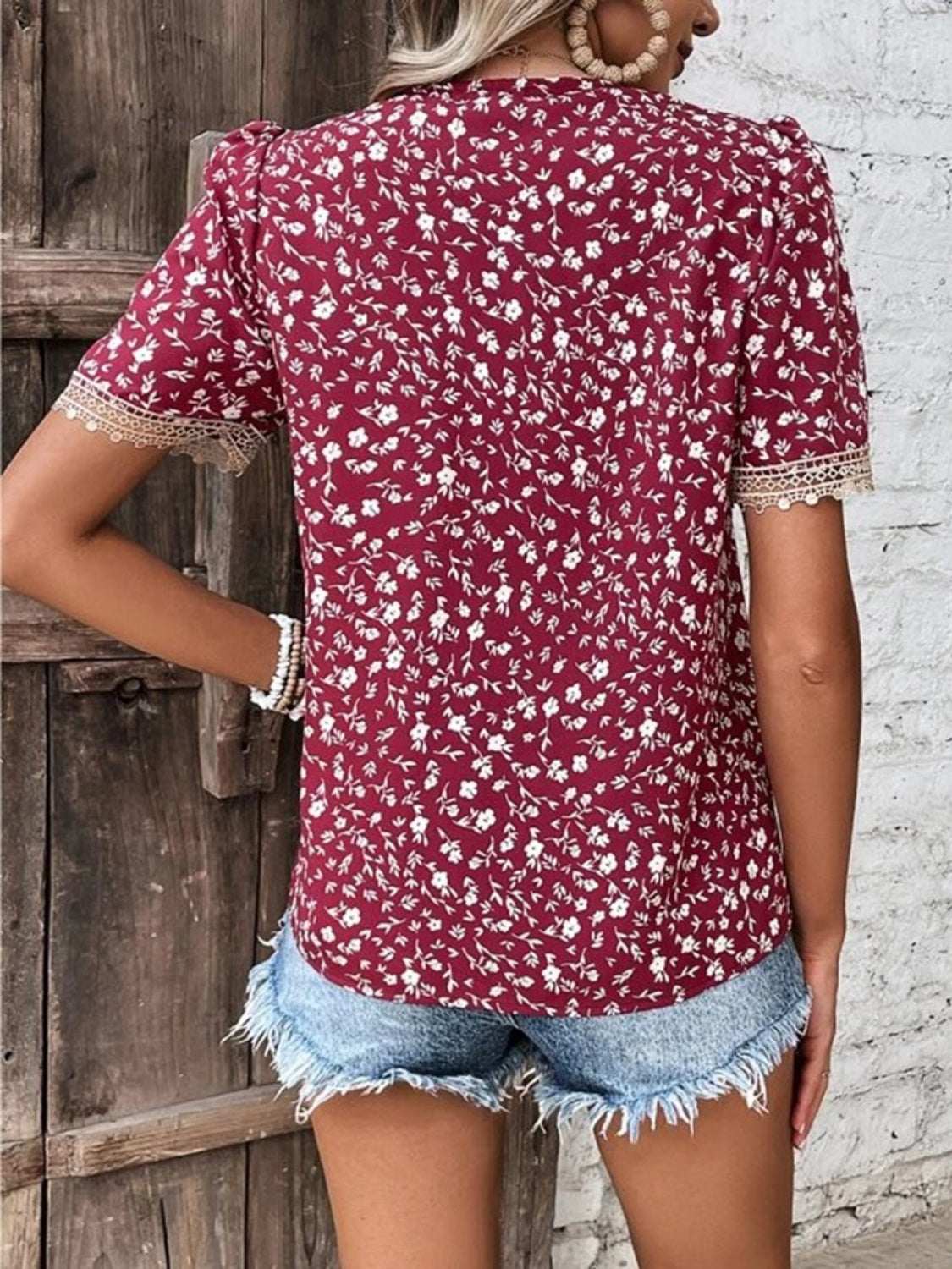 PREORDER- Full Size Printed V-Neck Short Sleeve Blouse