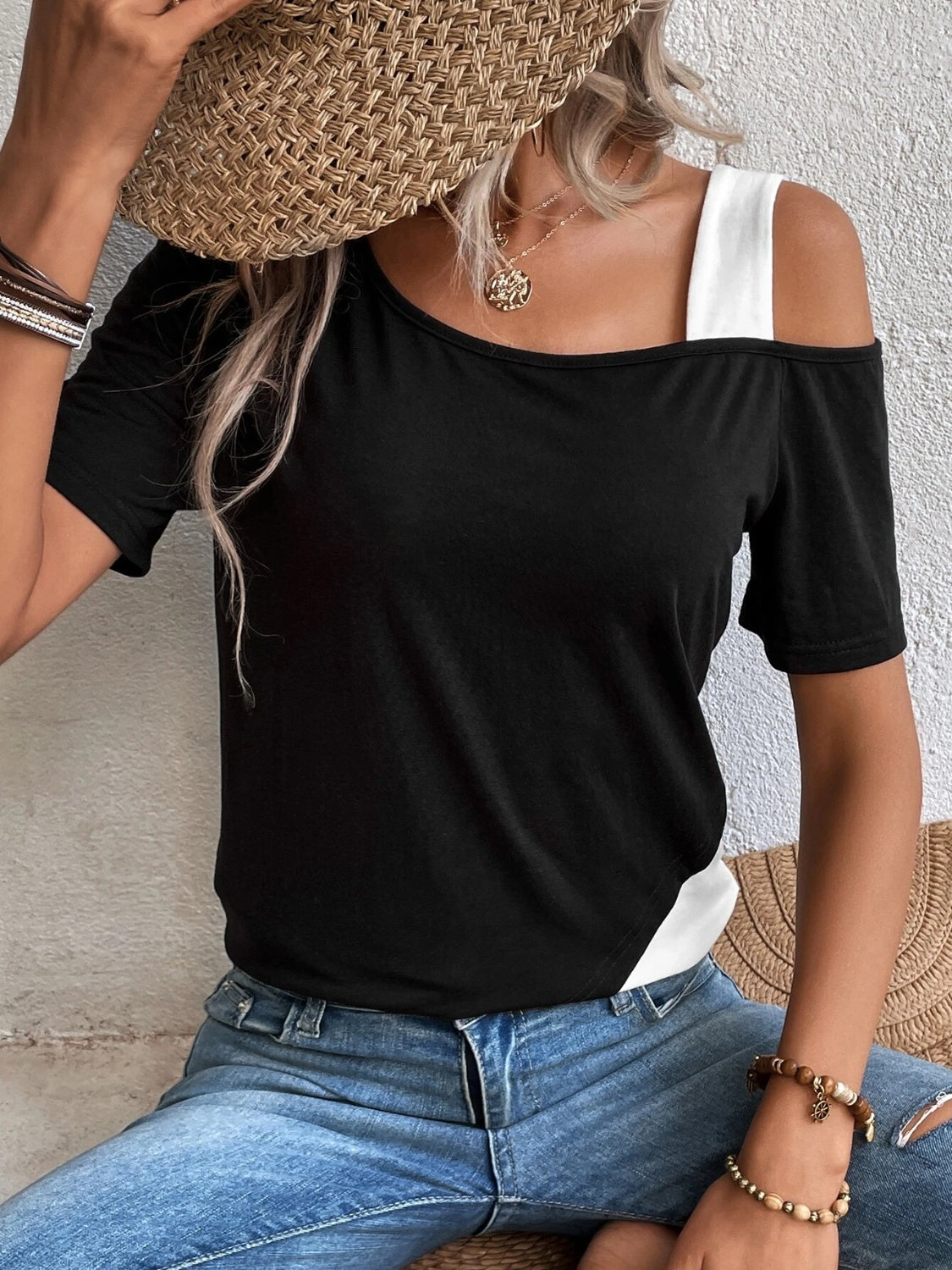 PREORDER- Contrast Asymmetrical Neck Short Sleeve T-Shirt