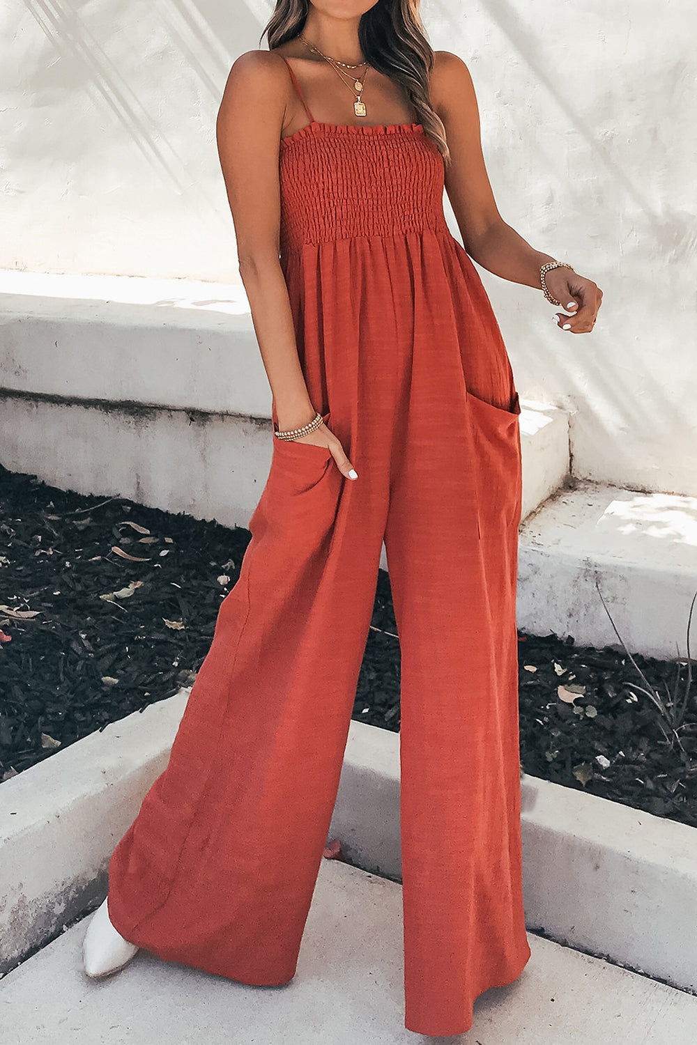 PREORDER- Smocked Spaghetti Strap Wide Leg Jumpsuit