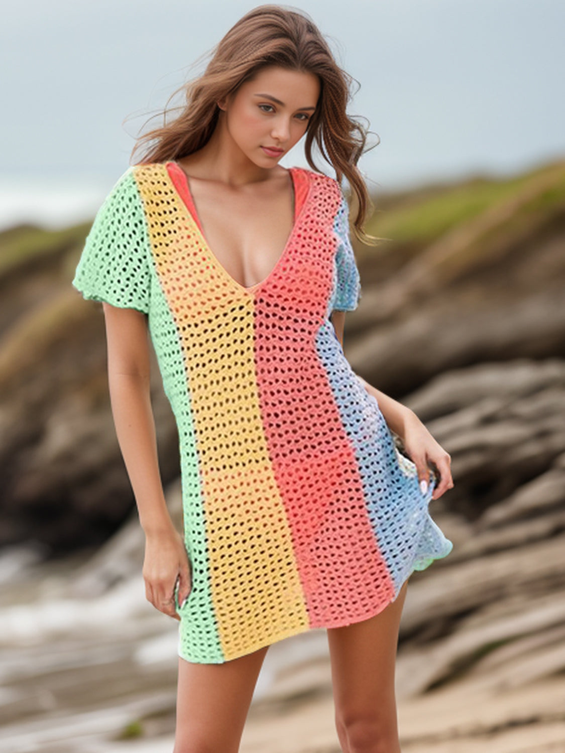 PREORDER- Openwork Color Block V-Neck Short Sleeve Cover-Up