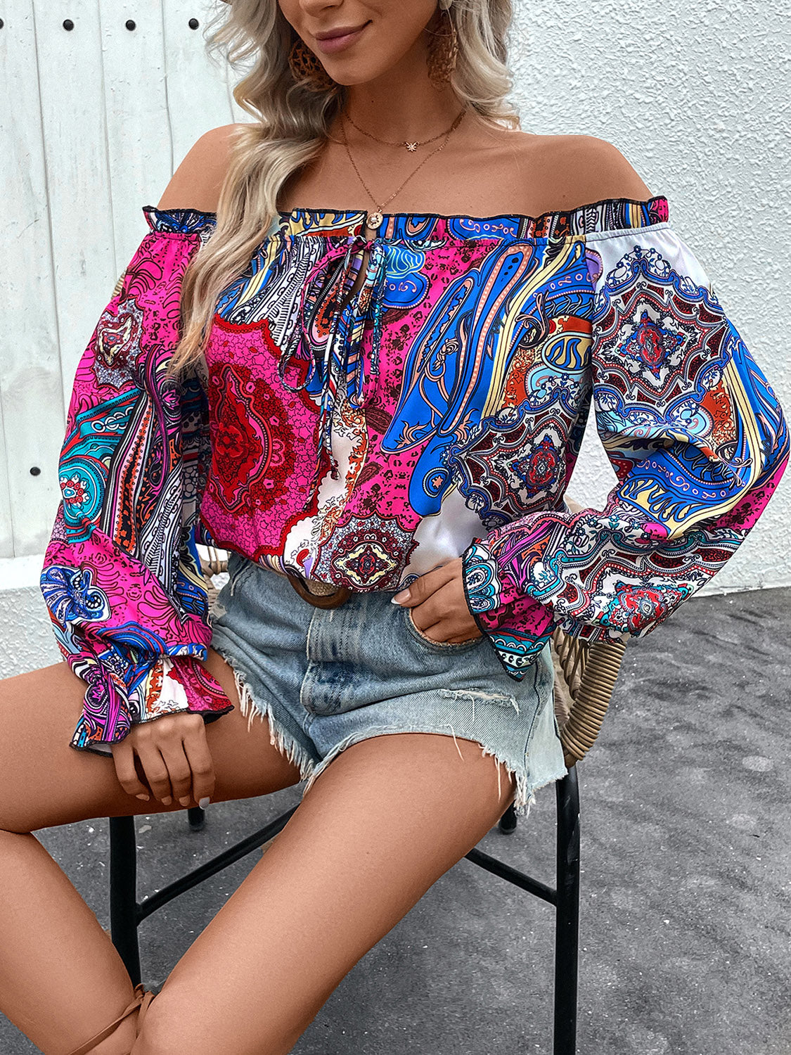 PREORDER- Tied Ruffled Printed Off-Shoulder Long Sleeve Blouse