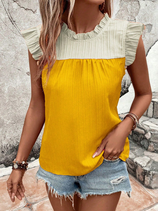 PREORDER- Frill Contrast Round Neck Cap Sleeve Blouse