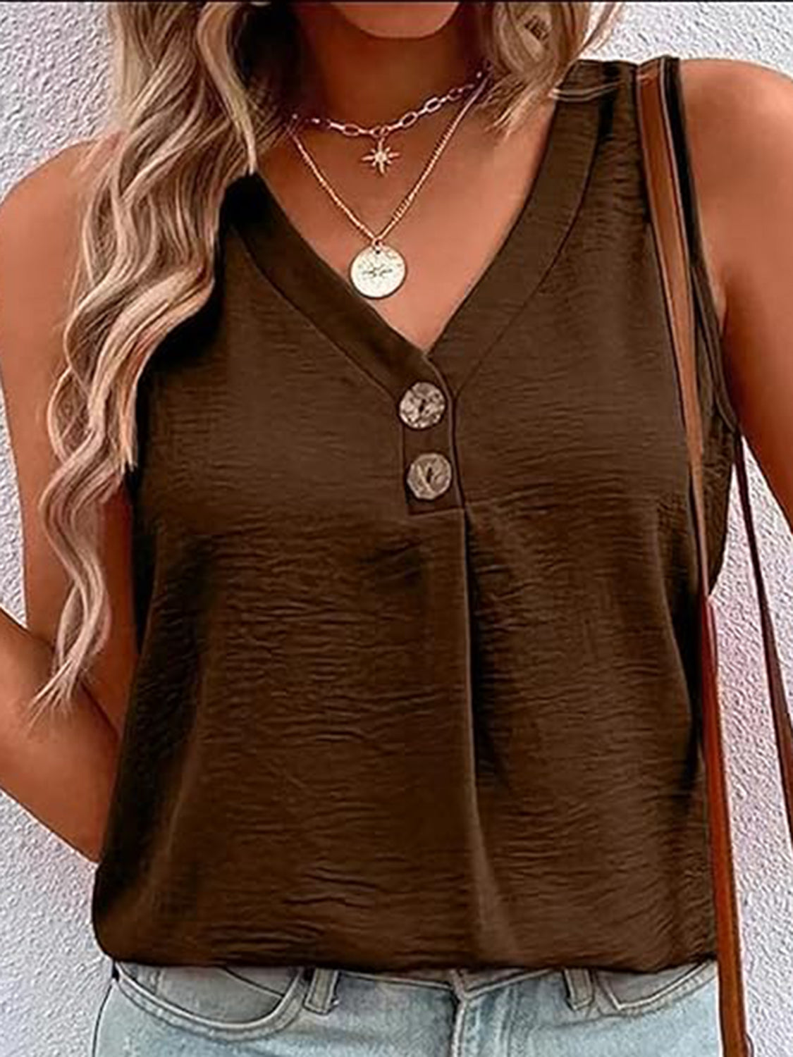 PREORDER- Full Size Decorative Button V-Neck Tank