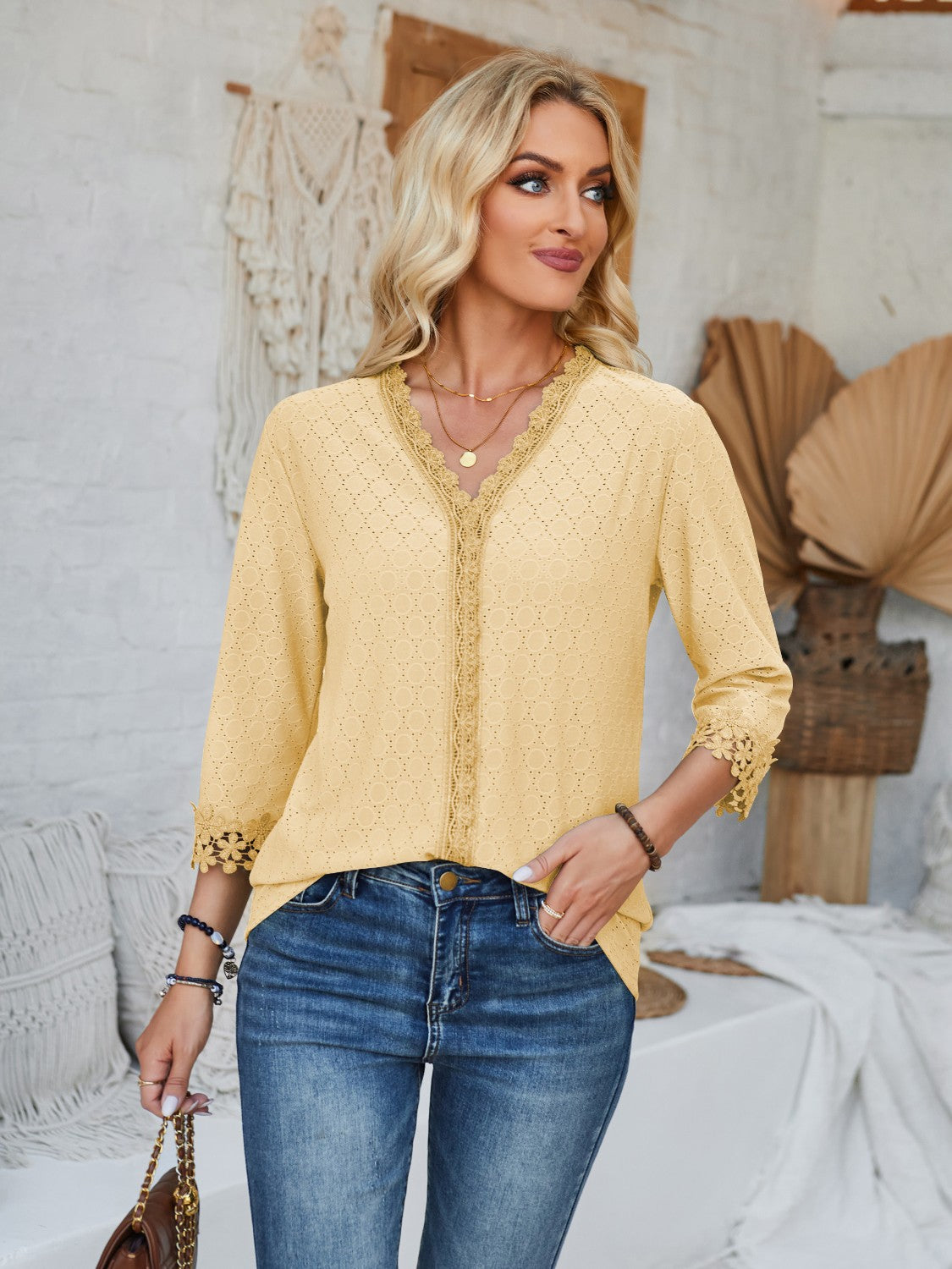 PREORDER- Lace Detail V-Neck Three-Quarter Sleeve Blouse