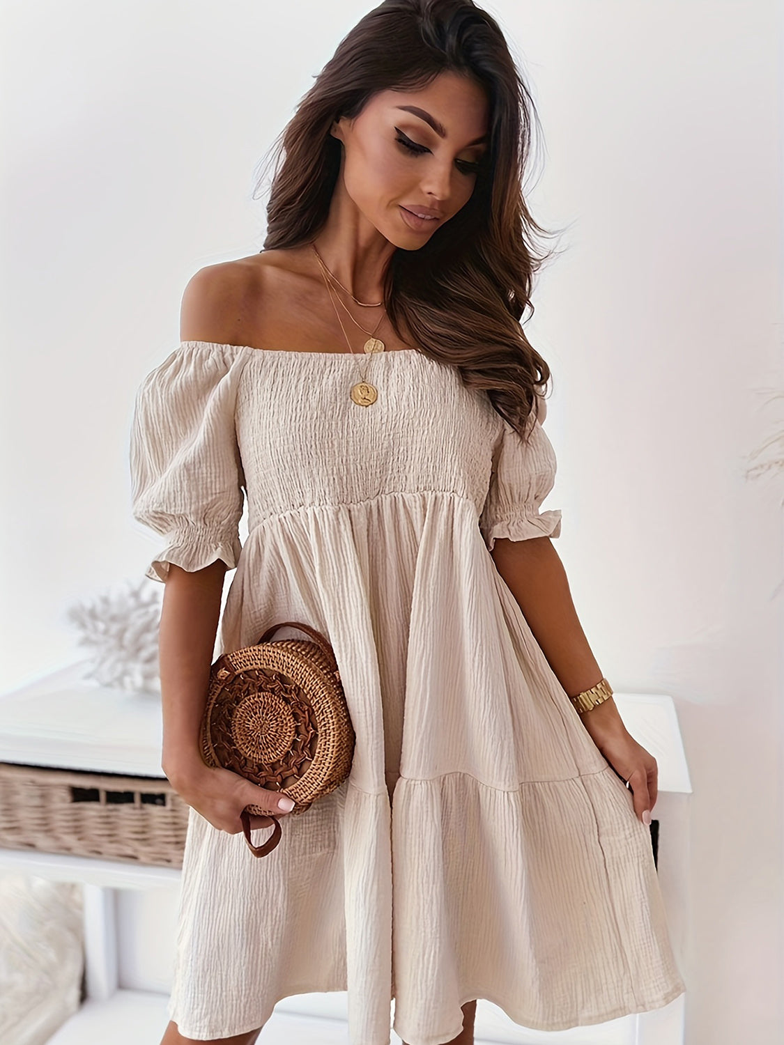 PREORDER- Full Size Ruffled Off-Shoulder Short Sleeve Dress