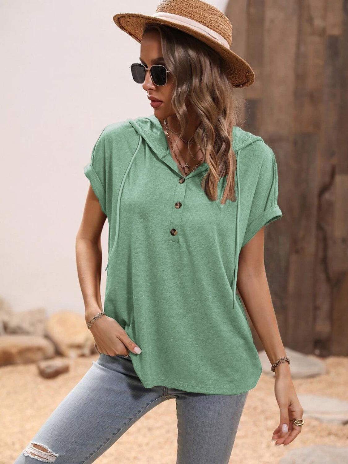 PREORDER- Half Button Hooded Short Sleeve Blouse