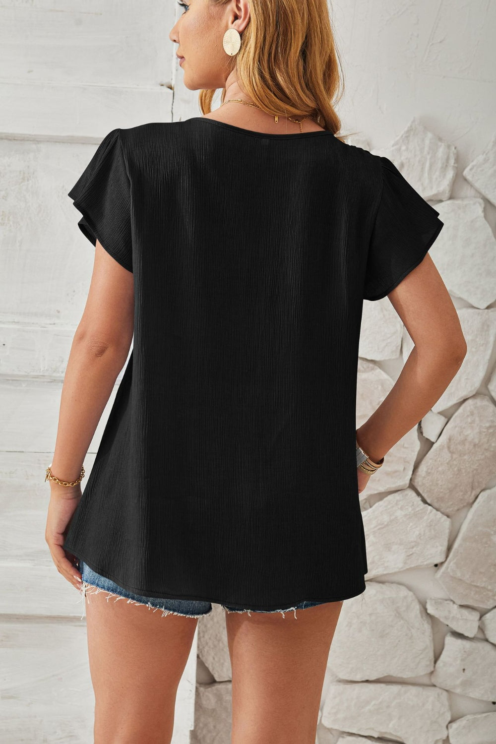 PREORDER- Ruched V-Neck Flounce Sleeve Blouse