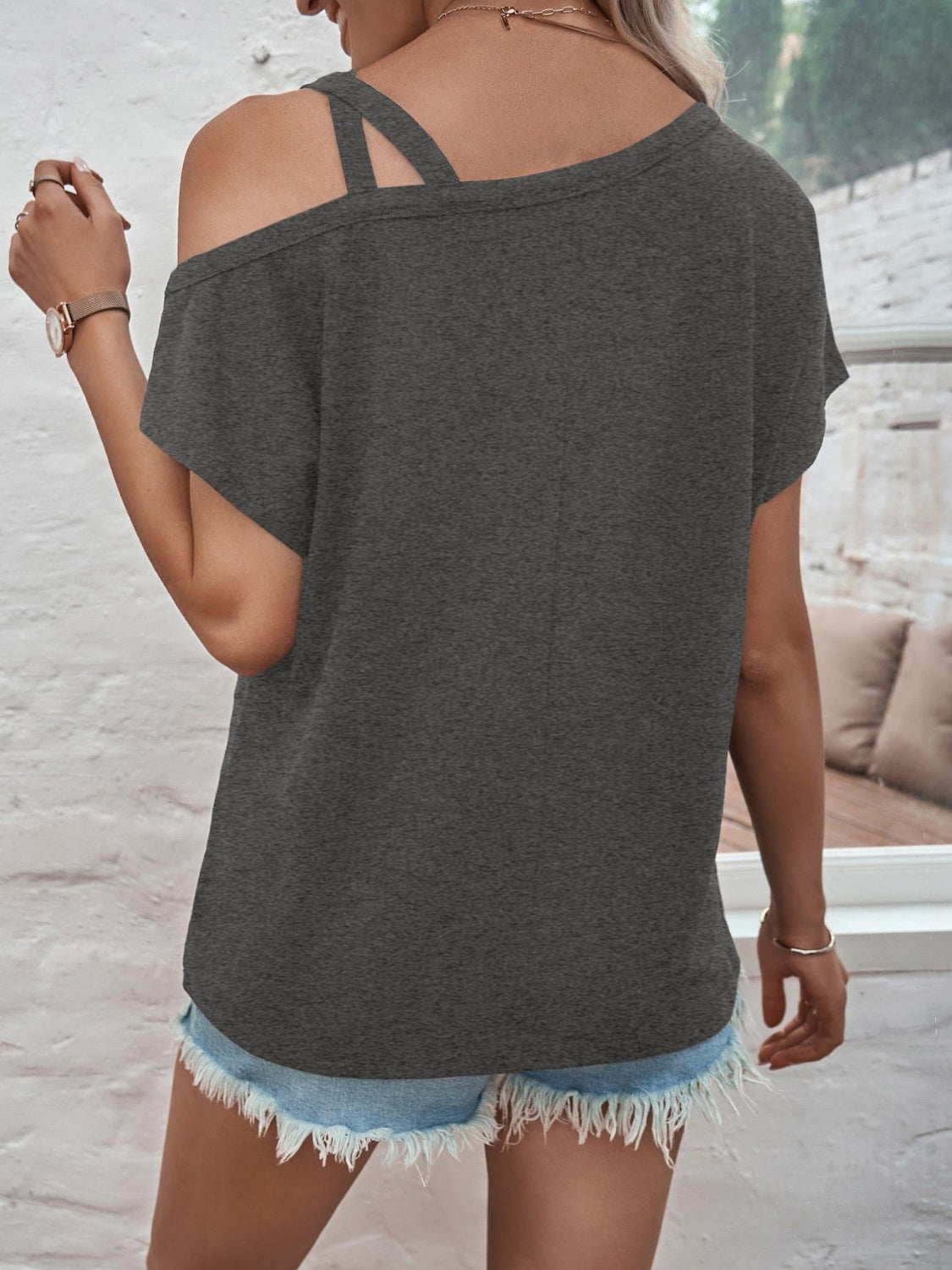 PREORDER- Asymmetrical Neck Short Sleeve T-Shirt
