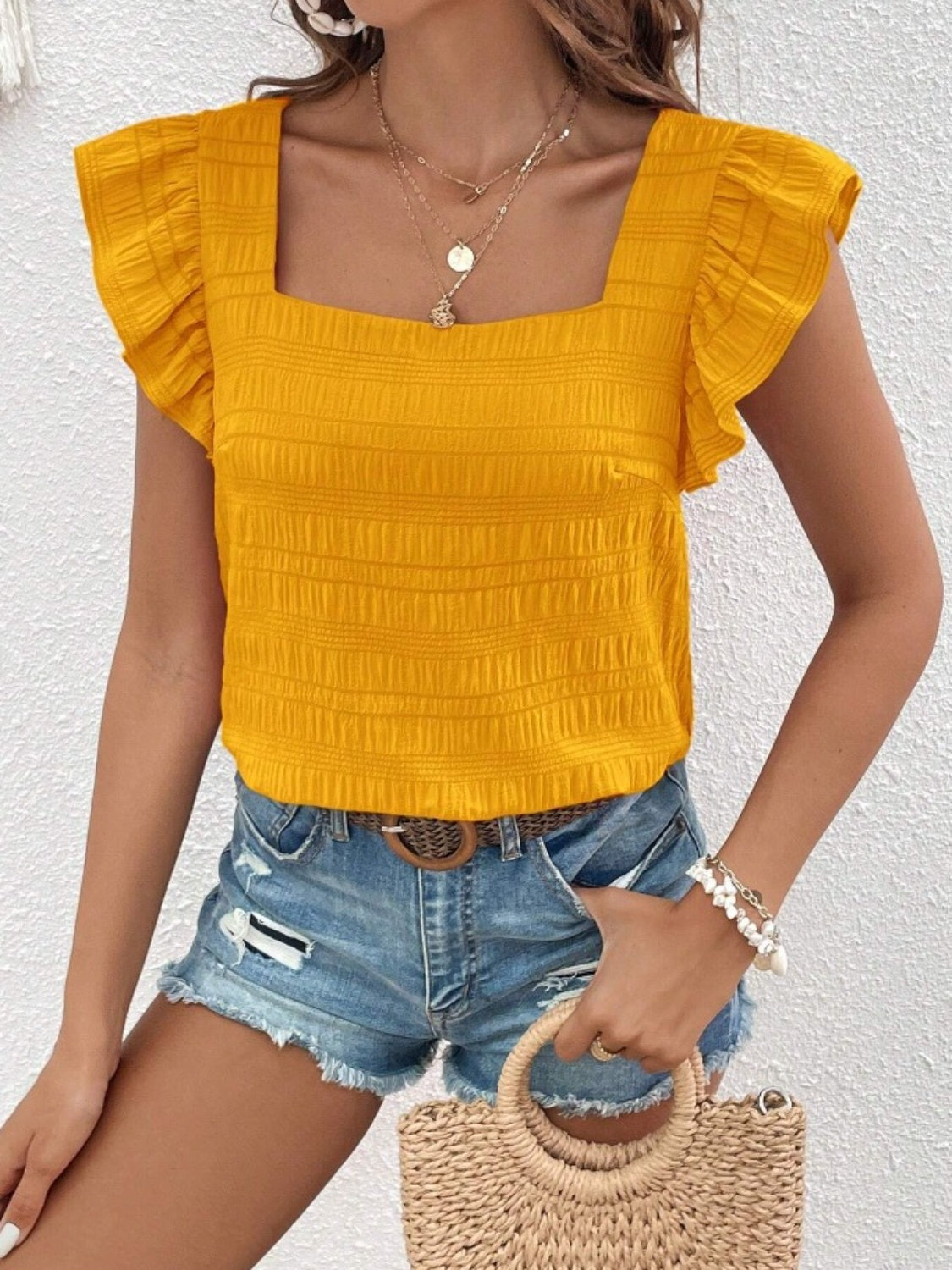 PREORDER- Ruffled Square Neck Cap Sleeve Blouse