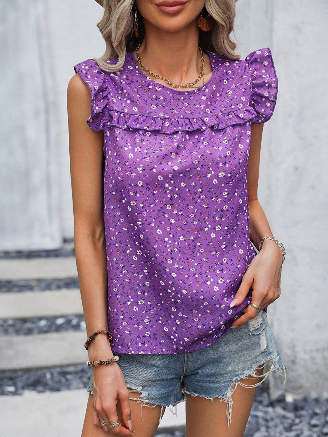 PREORDER- Ruffled Printed Round Neck Cap Sleeve Blouse