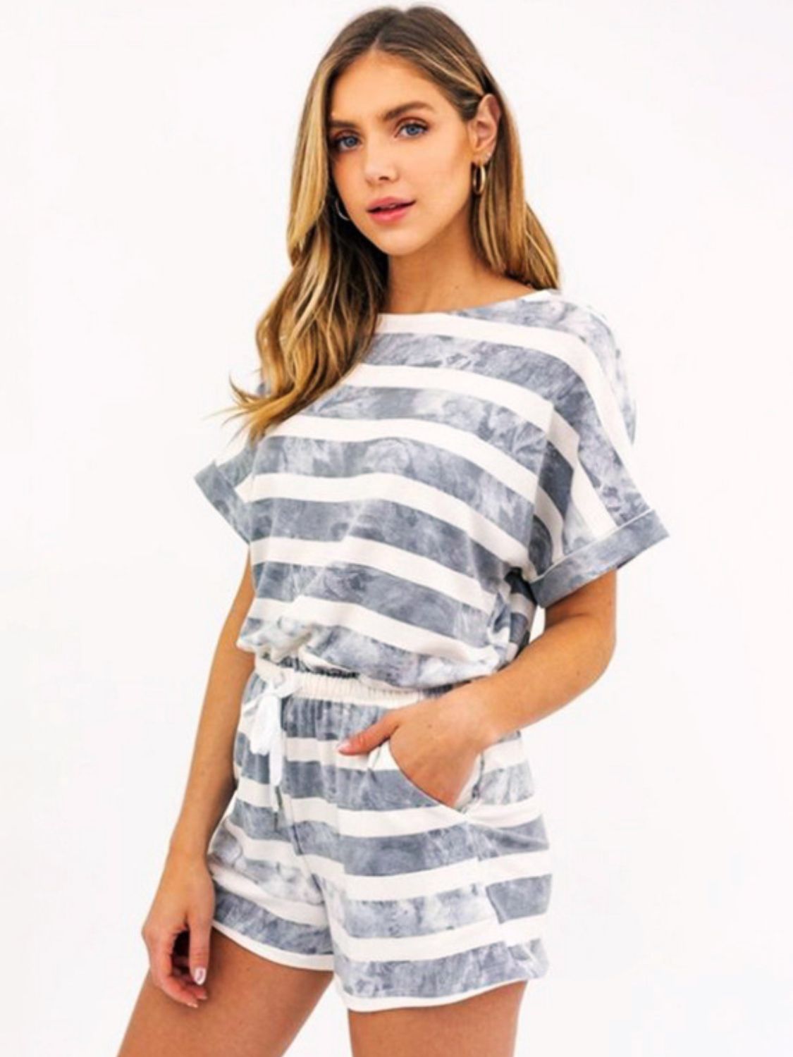 PREORDER- Striped Round Neck Top and Shorts Set