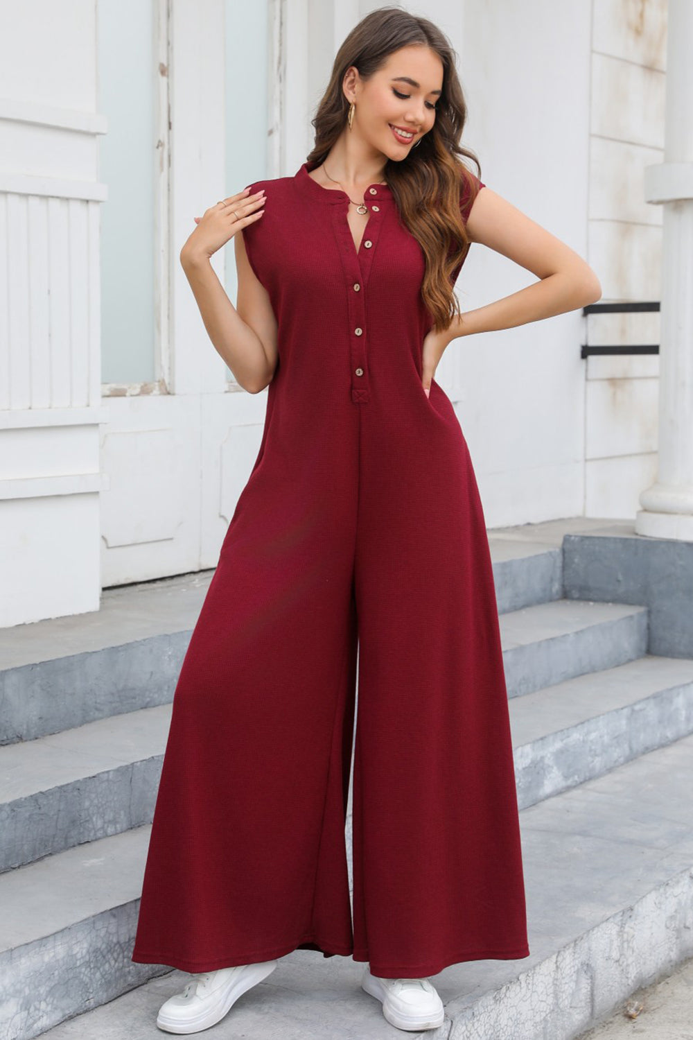 PREORDER- Half Button Wide Leg Jumpsuit with Pockets
