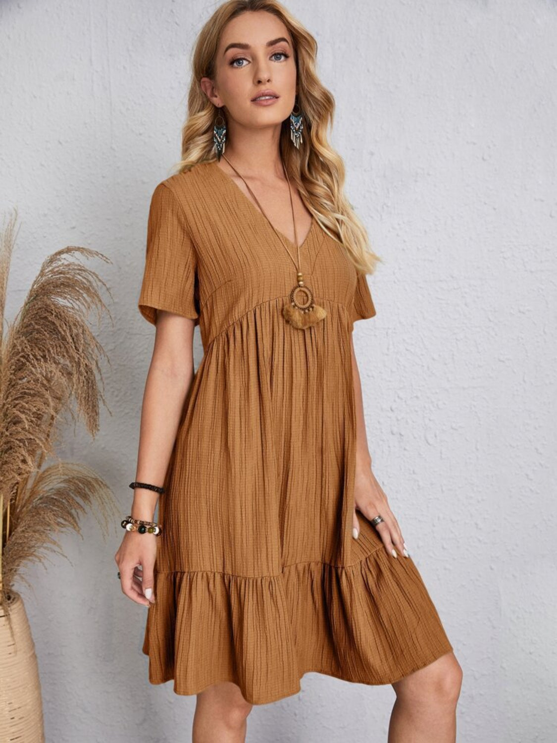 PREORDER- Full Size V-Neck Short Sleeve Dress