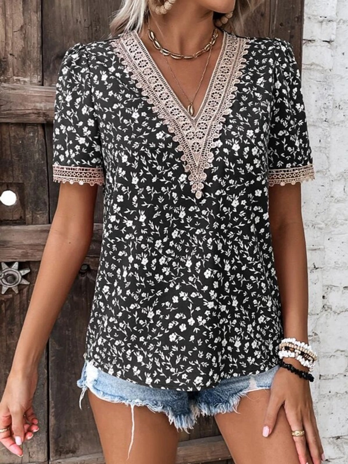 PREORDER- Full Size Printed V-Neck Short Sleeve Blouse