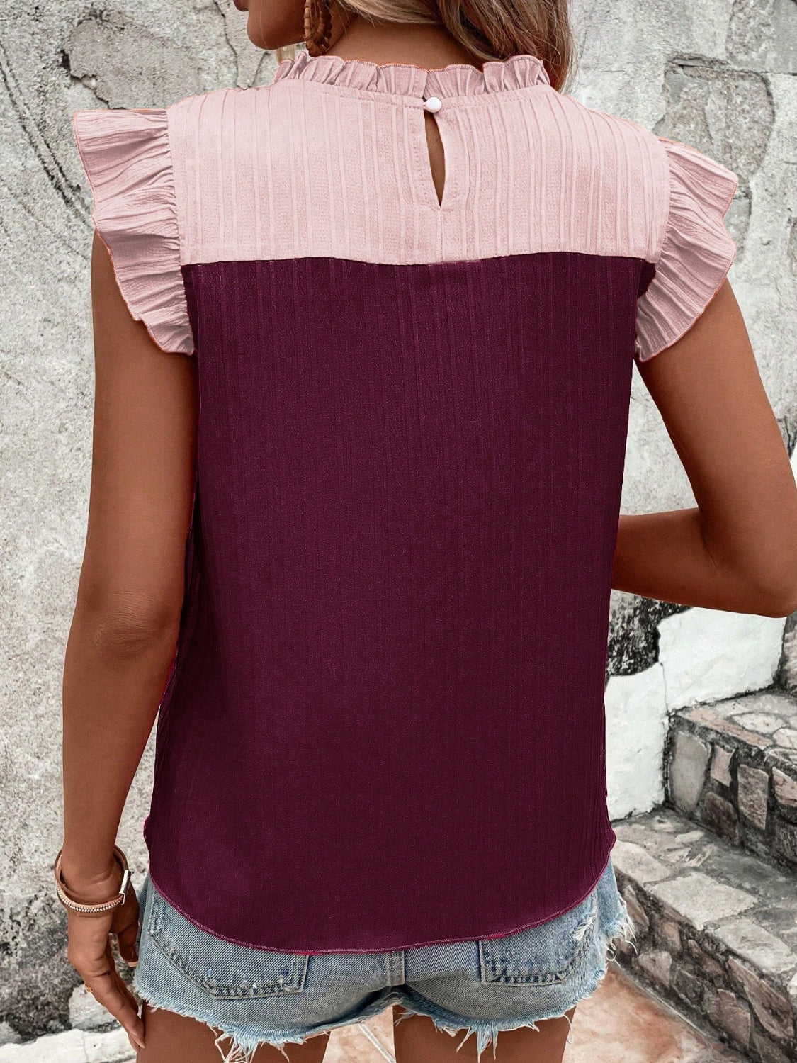 PREORDER- Frill Contrast Round Neck Cap Sleeve Blouse