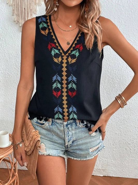 PREORDER- Tassel Printed V-Neck Tank