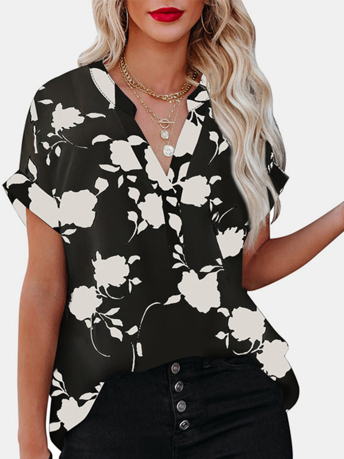 PREORDER- Full Size Printed Notched Short Sleeve Blouse