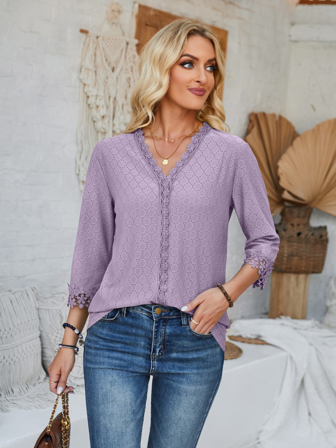 PREORDER- Lace Detail V-Neck Three-Quarter Sleeve Blouse