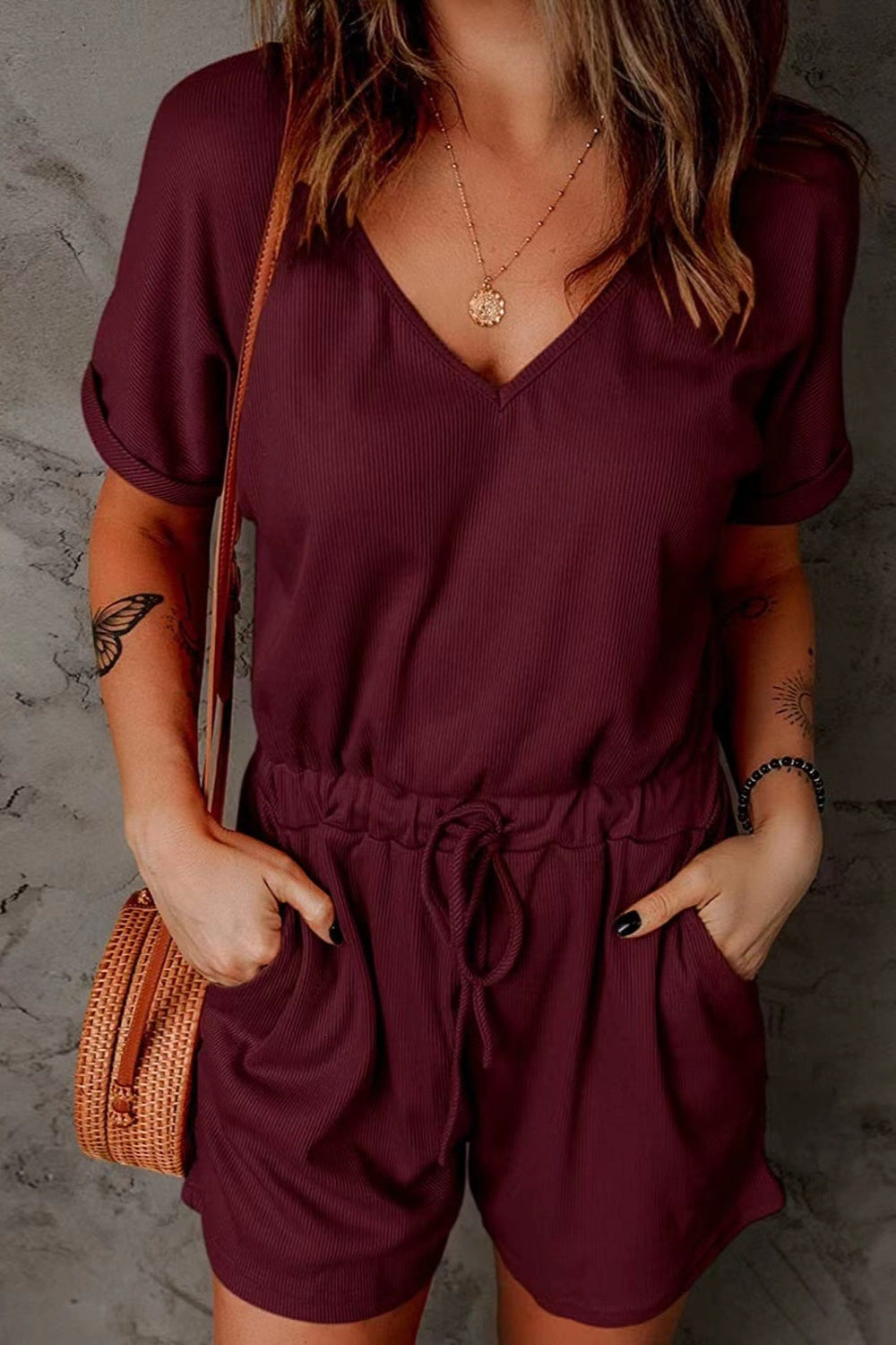 PREORDER- Full Size Drawstring V-Neck Short Sleeve Romper