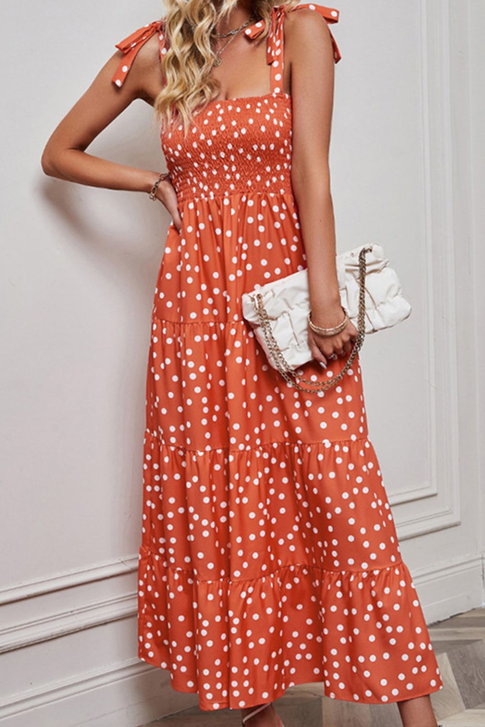 PREORDER- Polka Dot Smocked Tiered Sleeveless Dress