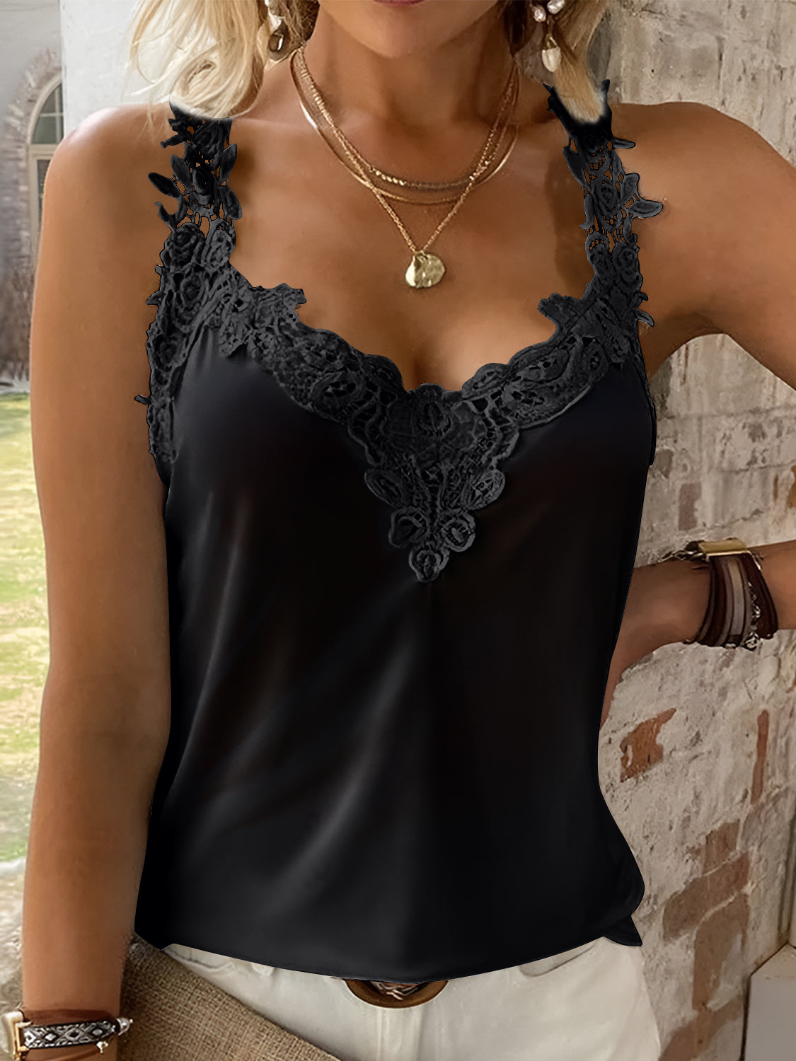 PREORDER- Full Size Lace Detail V-Neck Tank