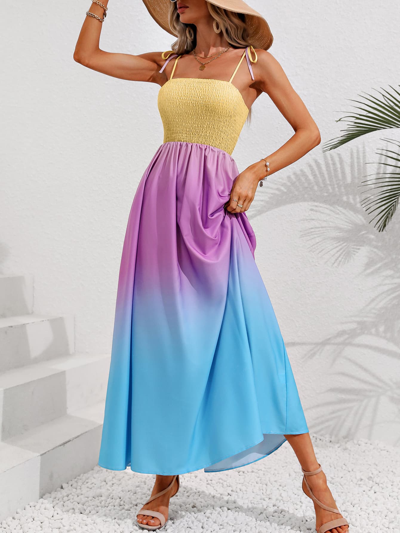 PREORDER- Color Block Tie Shoulder Smocked Maxi Dress