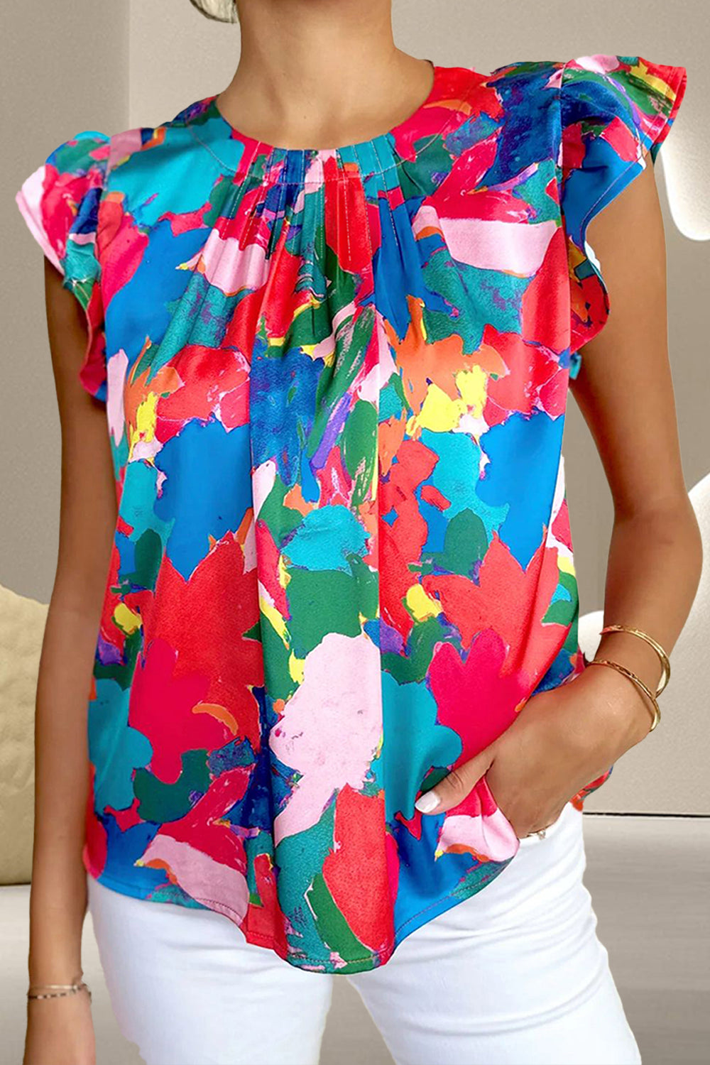 PREORDER- Ruffled Abstract Print Round Neck Cap Sleeve Blouse