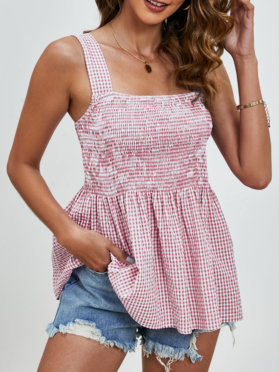 PREORDER- Smocked Plaid Square Neck Tank