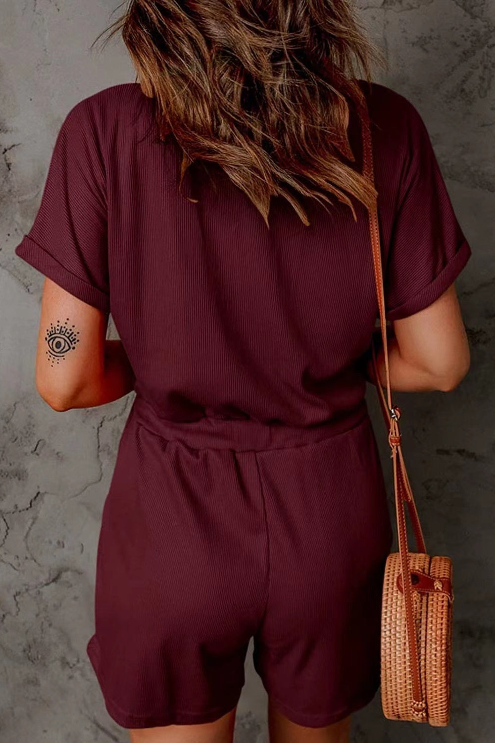 PREORDER- Full Size Drawstring V-Neck Short Sleeve Romper