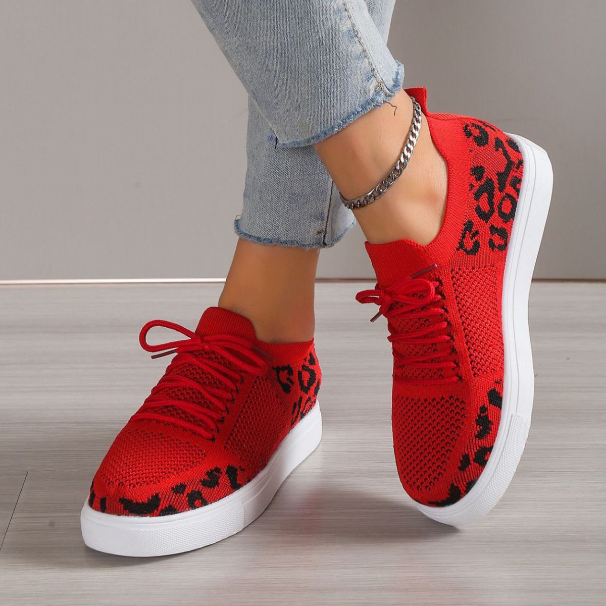 PREORDER- Lace-Up Leopard Flat Sneakers