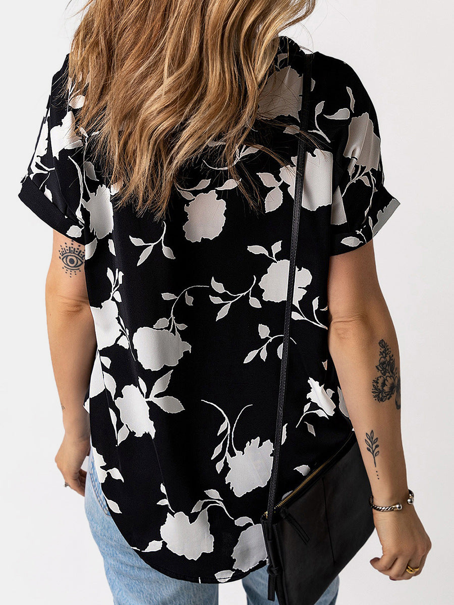 PREORDER- Full Size Printed Notched Short Sleeve Blouse