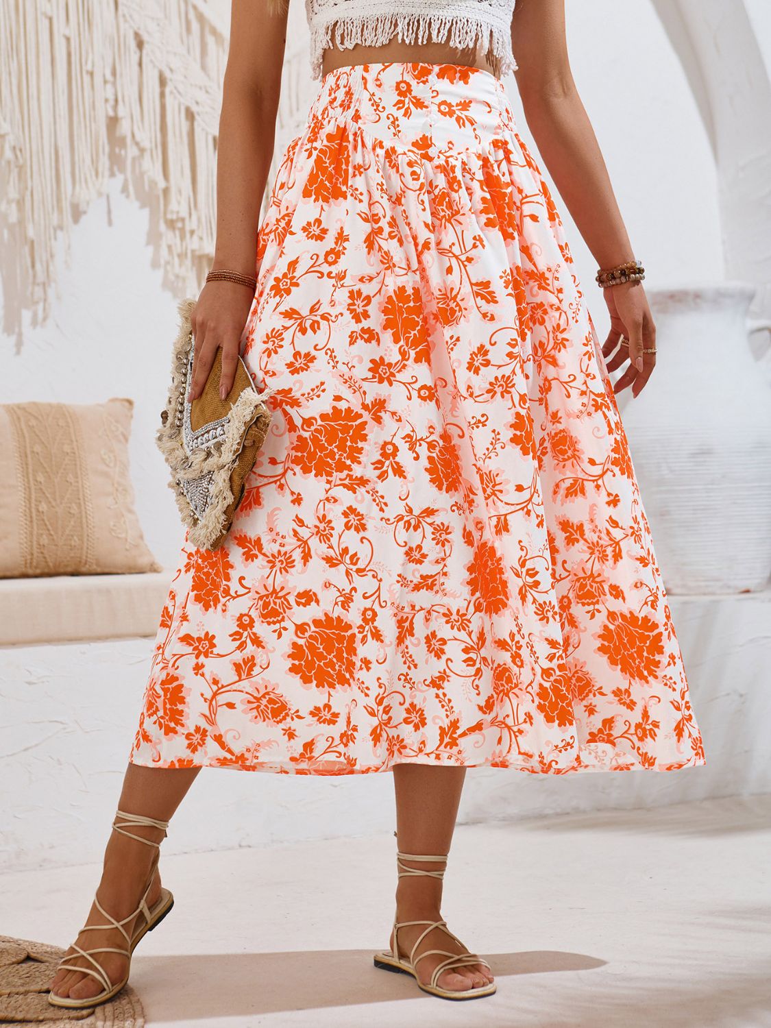 PREORDER- Printed Elastic Waist Midi Skirt