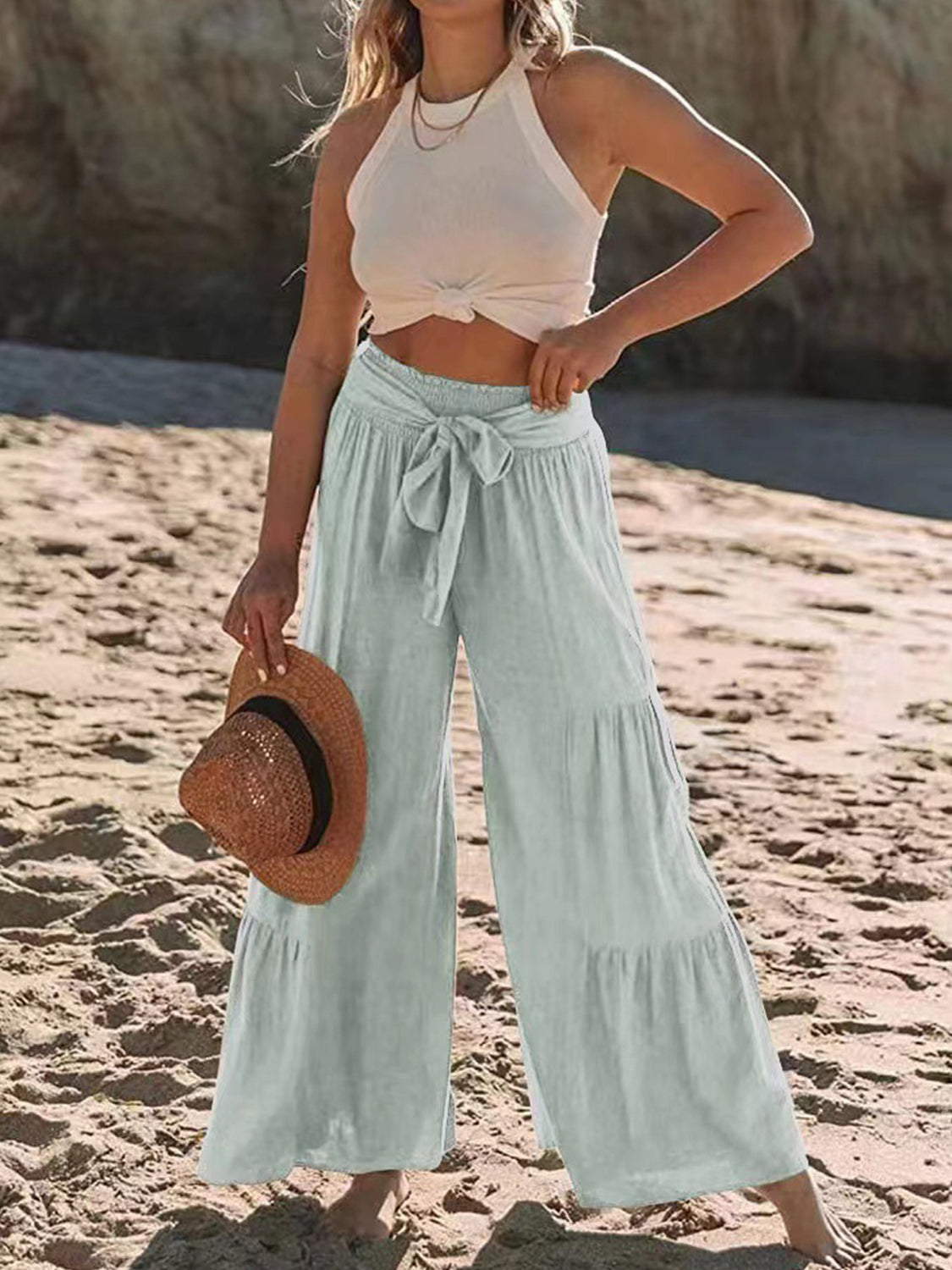 PREORDER- Tied Ruched Wide Leg Pants