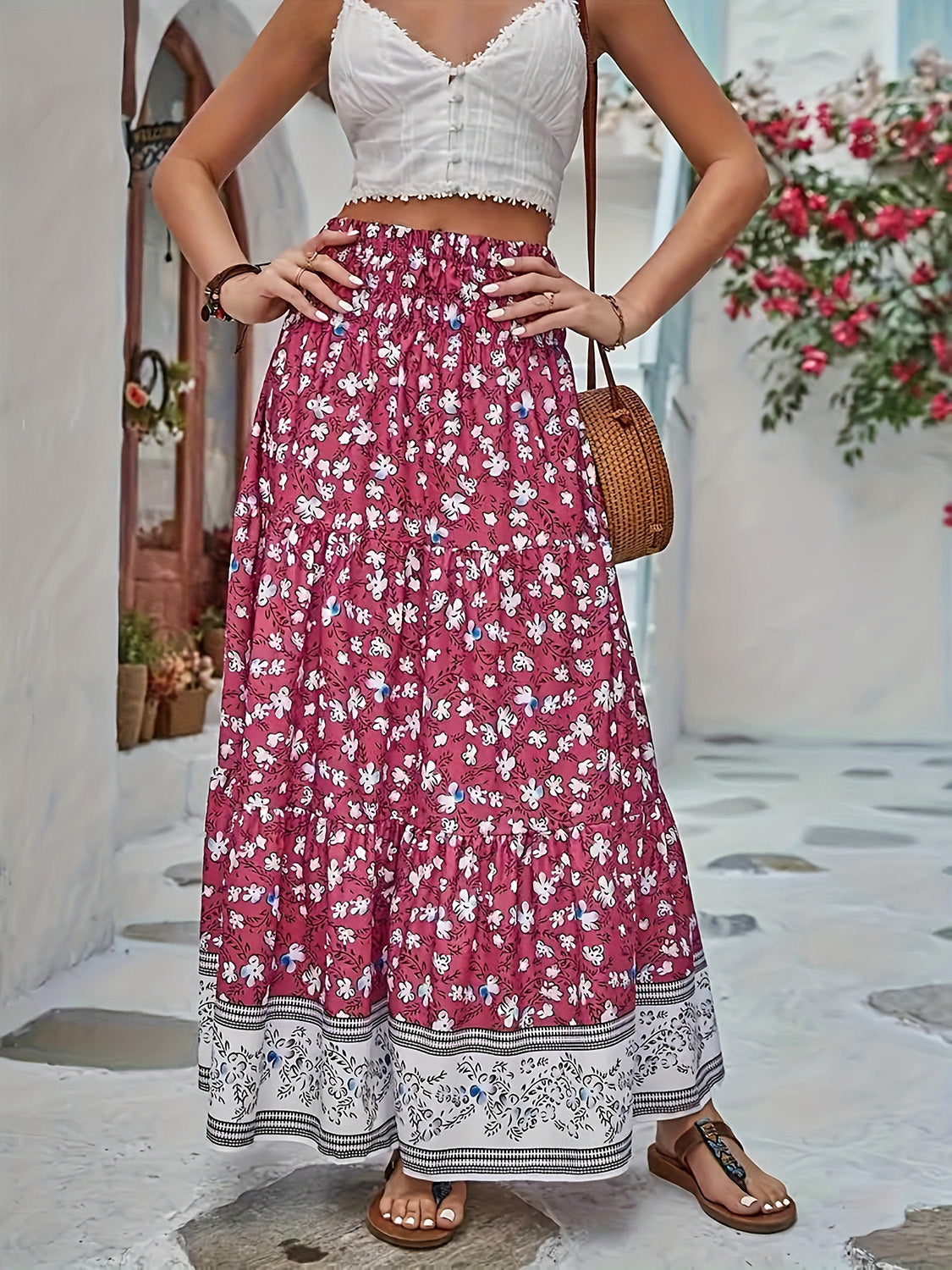 PREORDER- Full Size Tiered Printed Elastic Waist Skirt