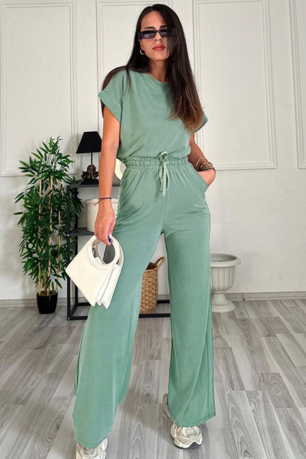 PREORDER- Round Neck Short Sleeve Top and Drawstring Pants Set