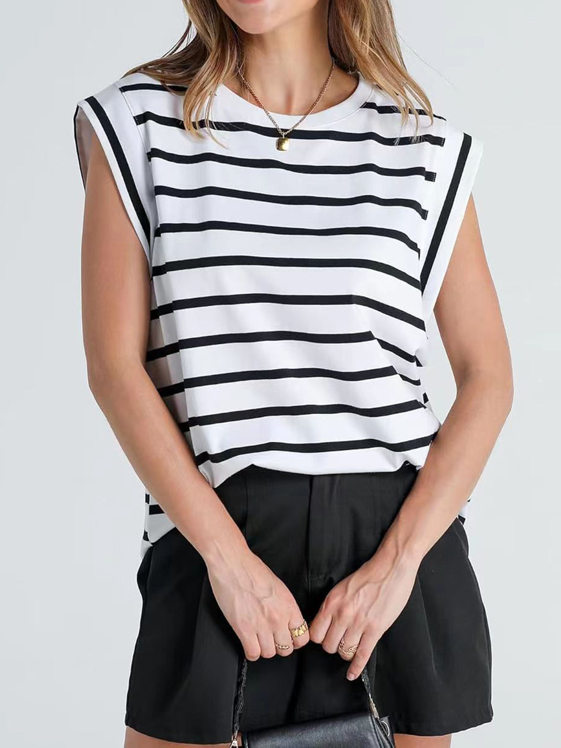 PREORDER- Striped Round Neck Cap Sleeve T-Shirt