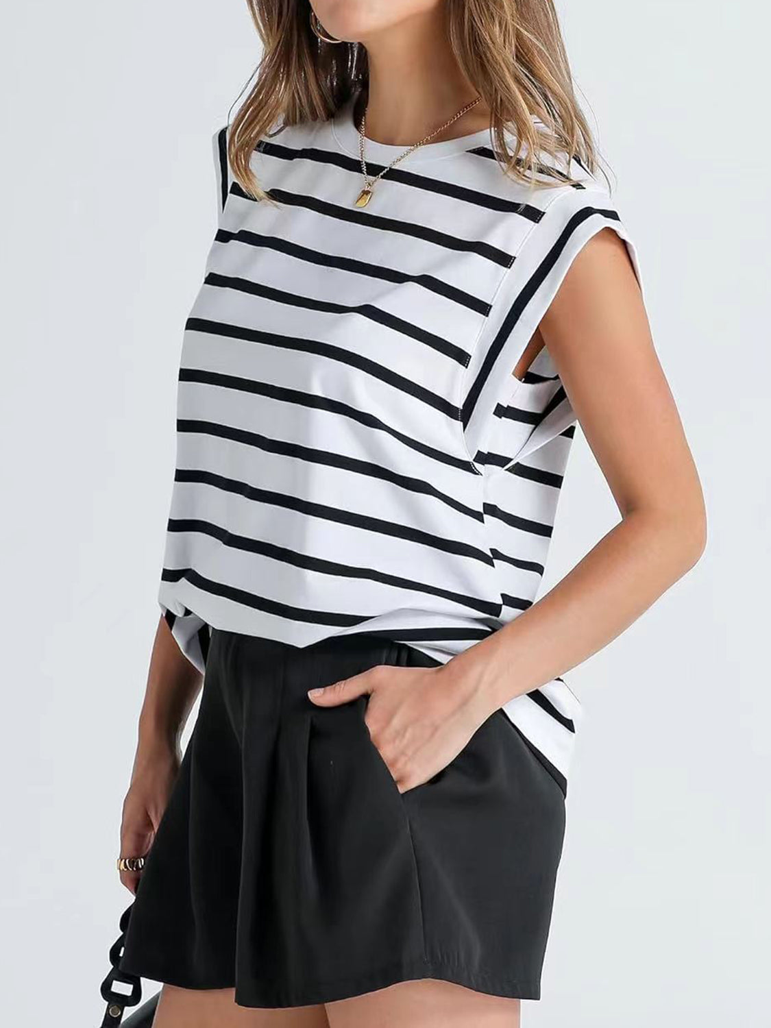 PREORDER- Striped Round Neck Cap Sleeve T-Shirt