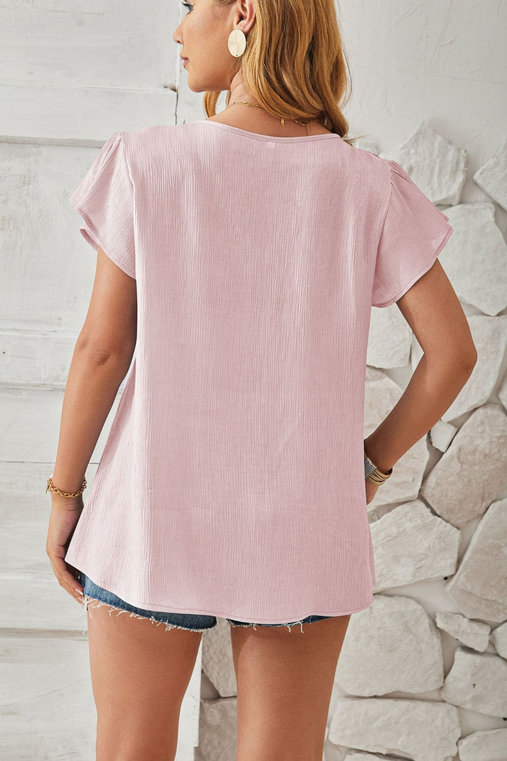 PREORDER- Ruched V-Neck Flounce Sleeve Blouse