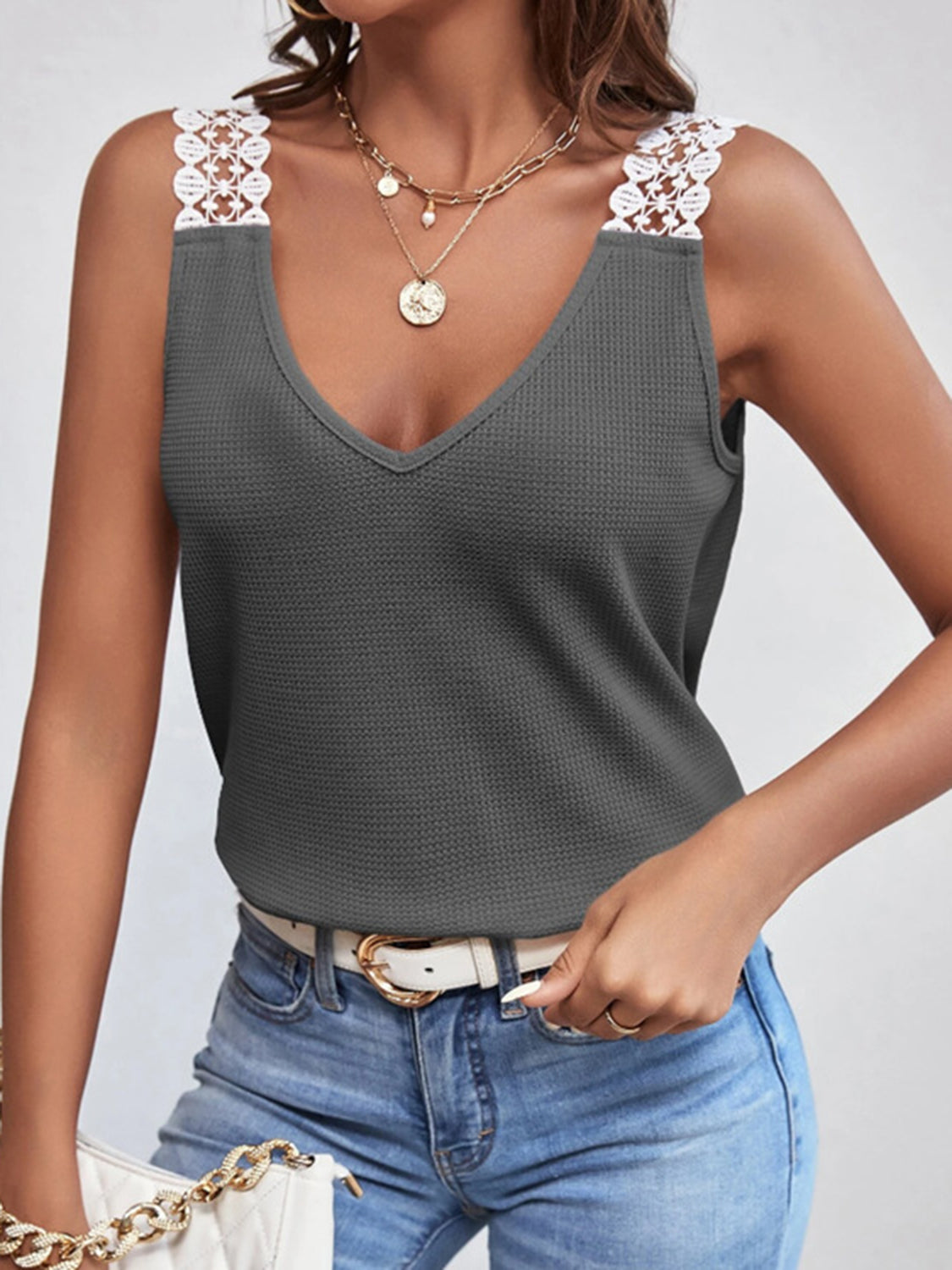 PREORDER- Lace Detail Waffle-Knit V-Neck Tank