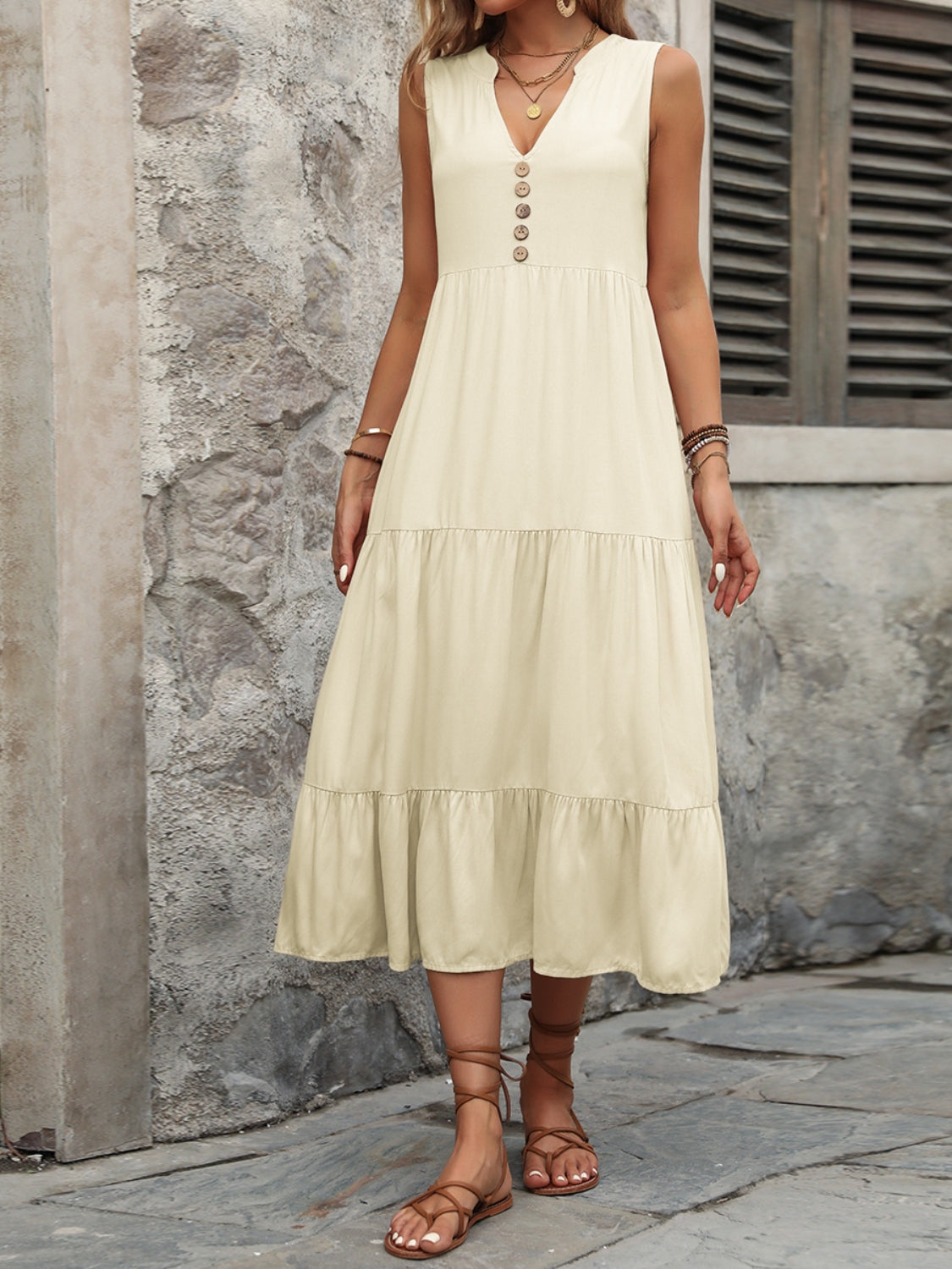 PREORDER- Decorative Button Notched Sleeveless Dress