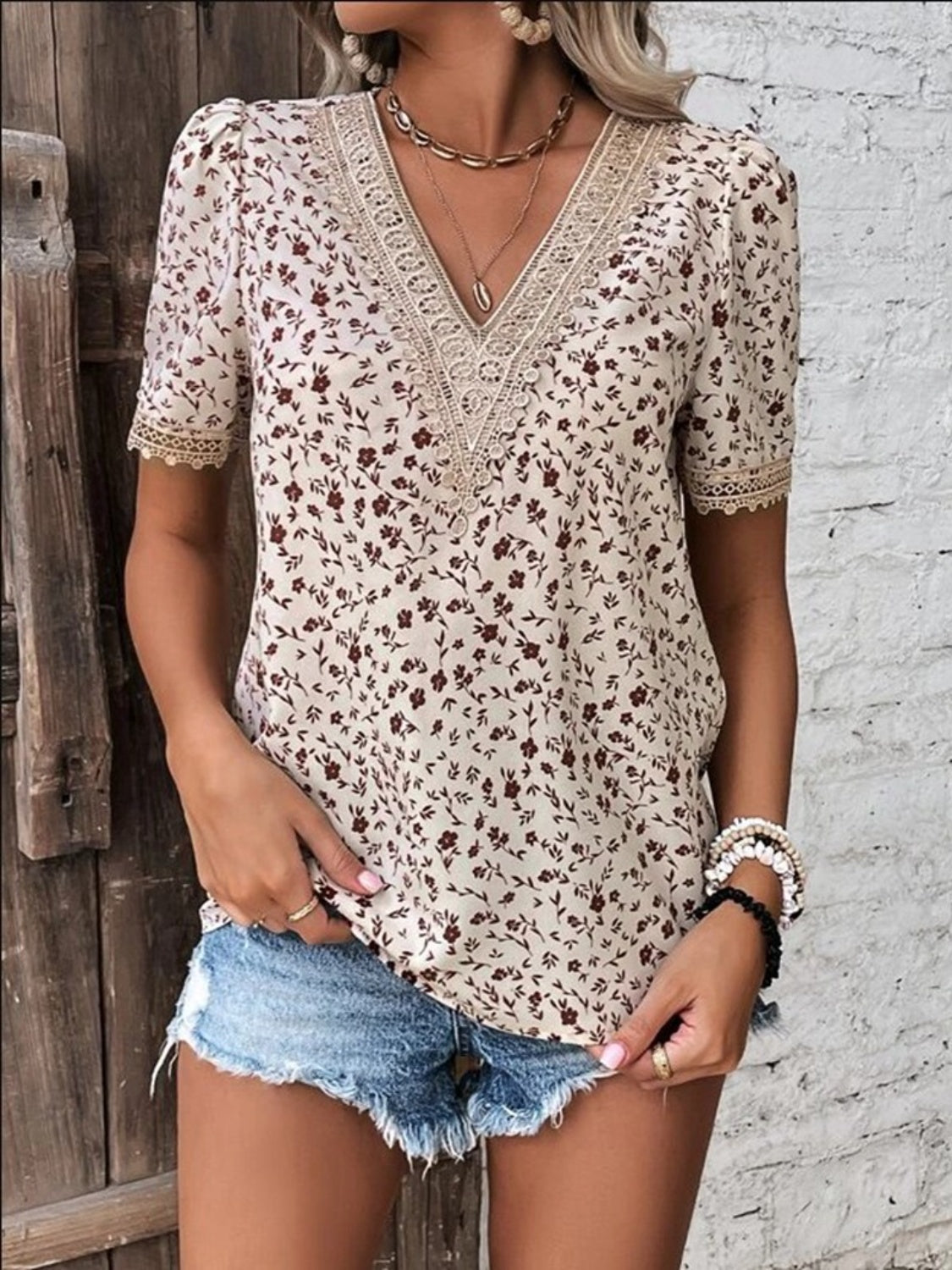 PREORDER- Full Size Printed V-Neck Short Sleeve Blouse