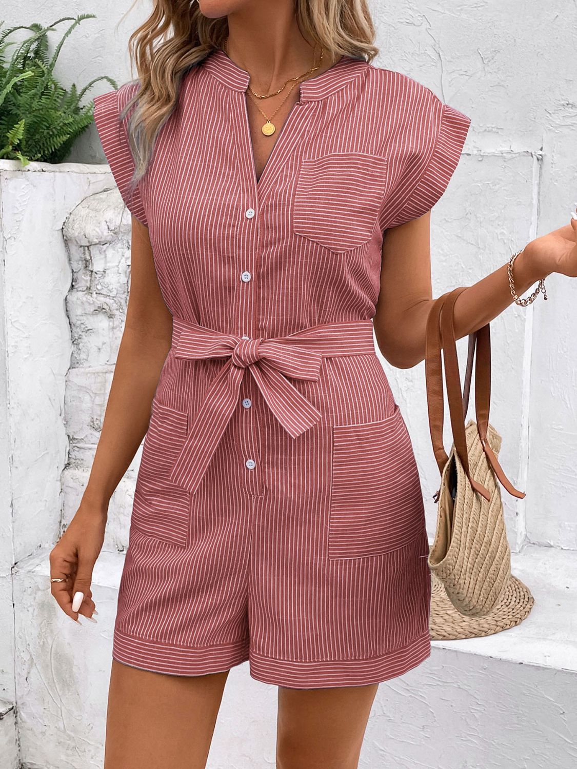 PREORDER- Striped Notched Tie Waist Romper