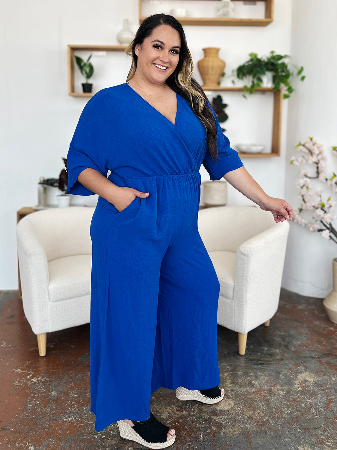 Double Take Full Size Half Sleeve Wide Leg Jumpsuit