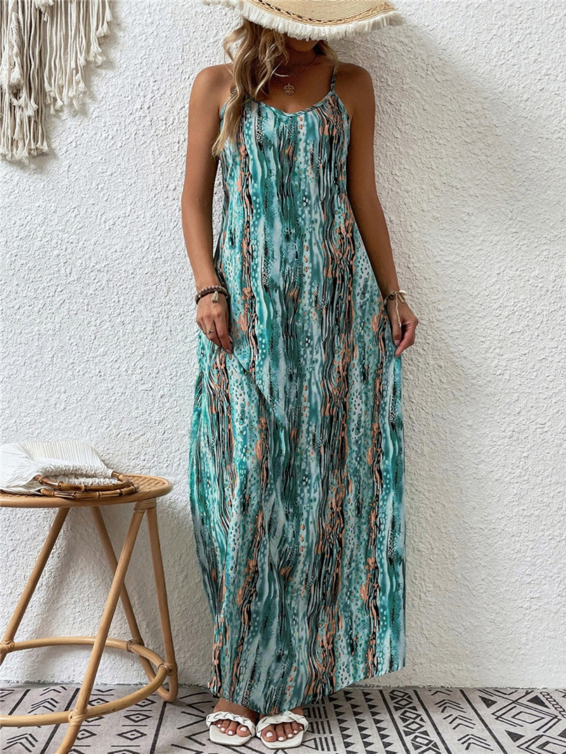 PREORDER- Full Size Printed Scoop Neck Maxi Cami Dress