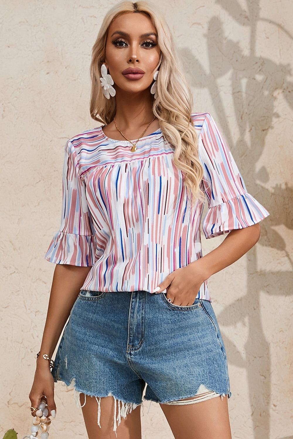 PREORDER- Printed Round Neck Flounce Sleeve Blouse