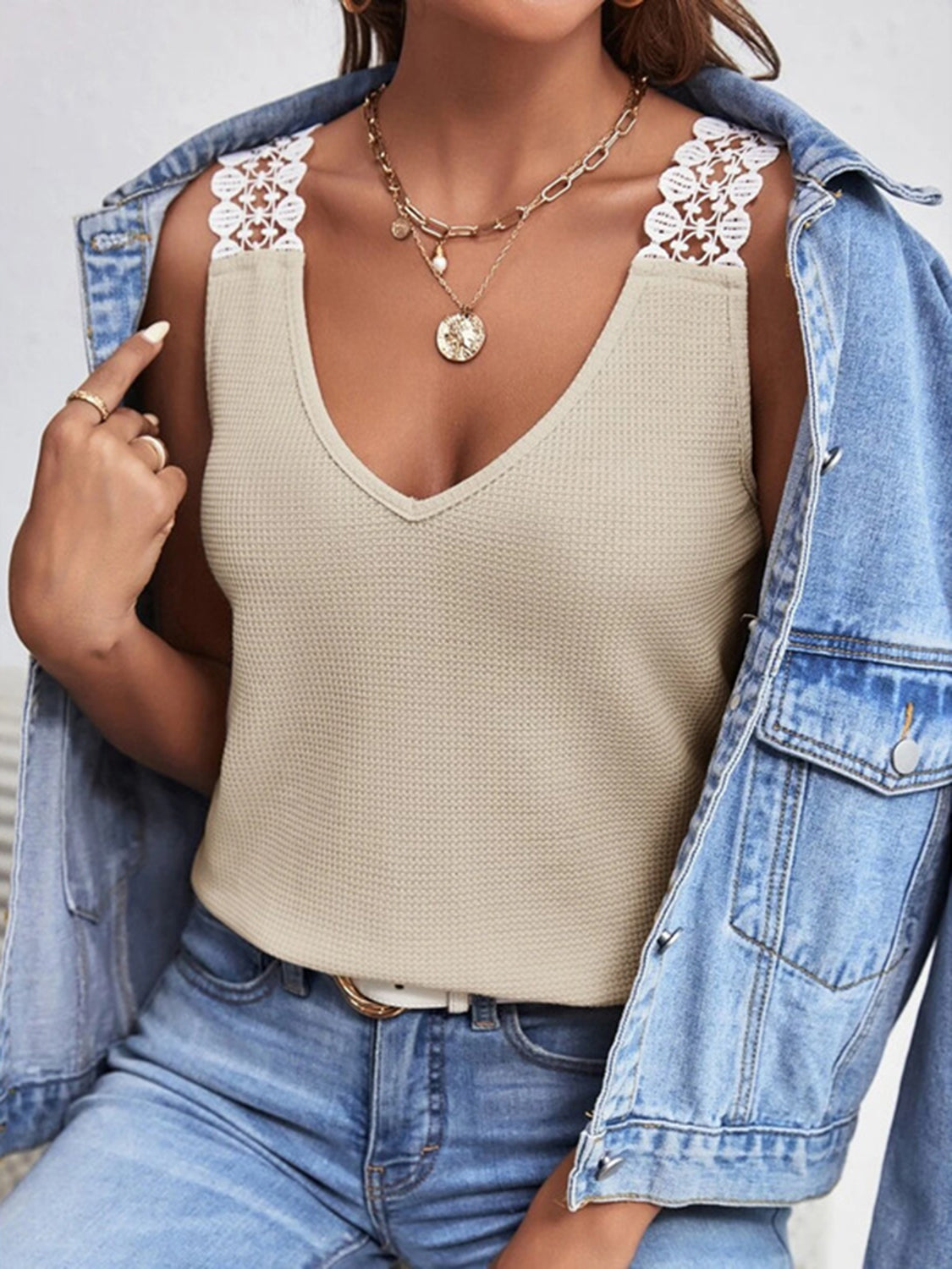 PREORDER- Lace Detail Waffle-Knit V-Neck Tank