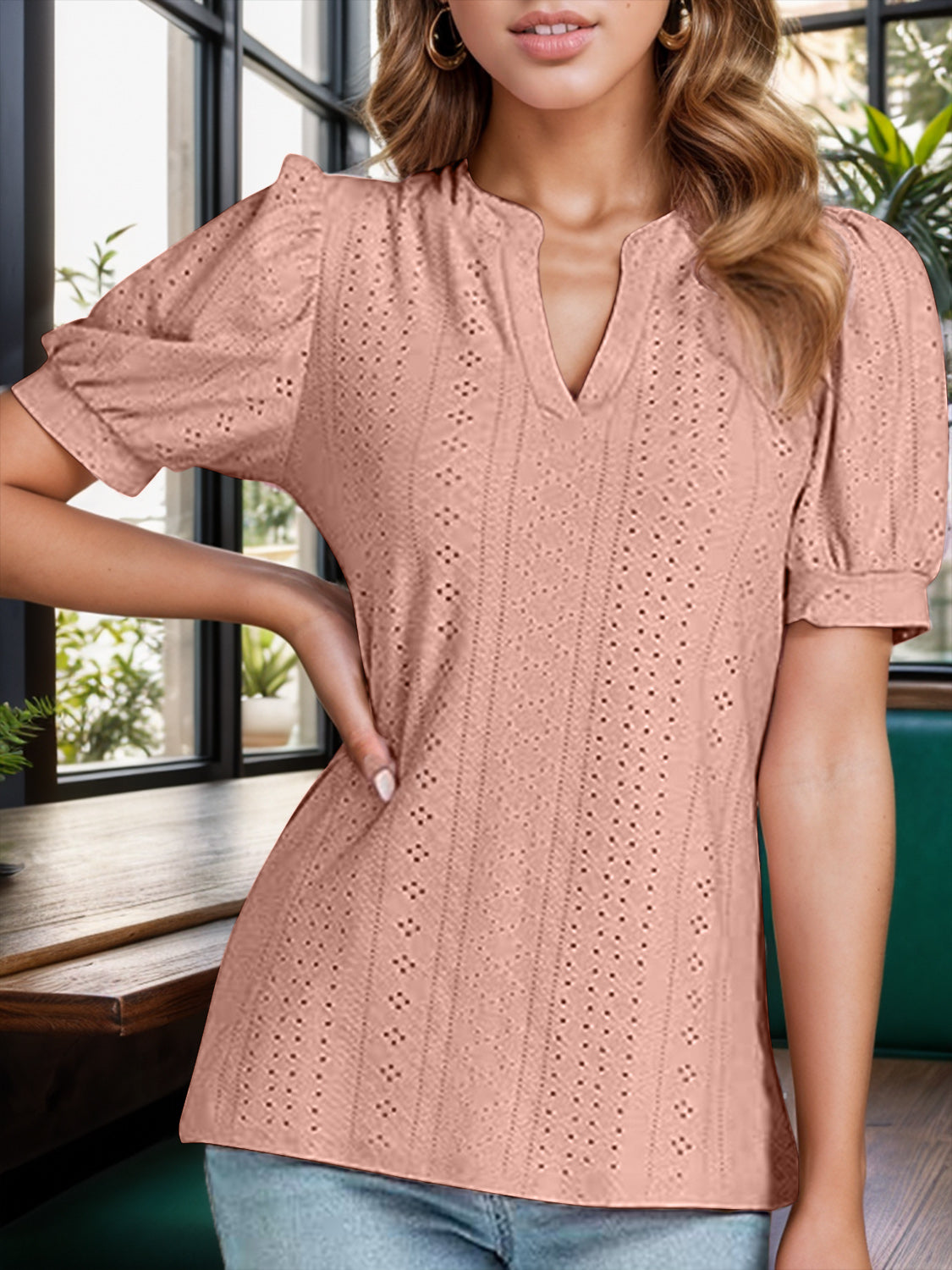 PREORDER- Eyelet Notched Short Sleeve Blouse